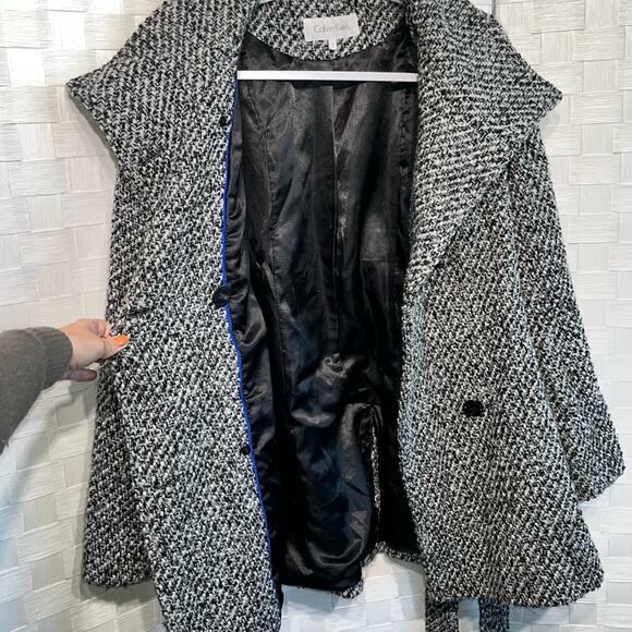 Calvin Klein Tweed Double Breasted Pea Coat Wool Blend Belted Jacket Womens 8 - Picture 6 of 16